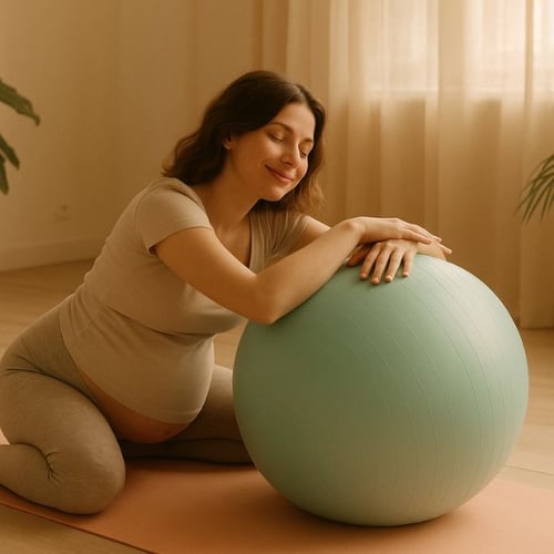 Schwangere Frau kniet auf Yogamatte und lehnt entspannt an einem Gymnastikball