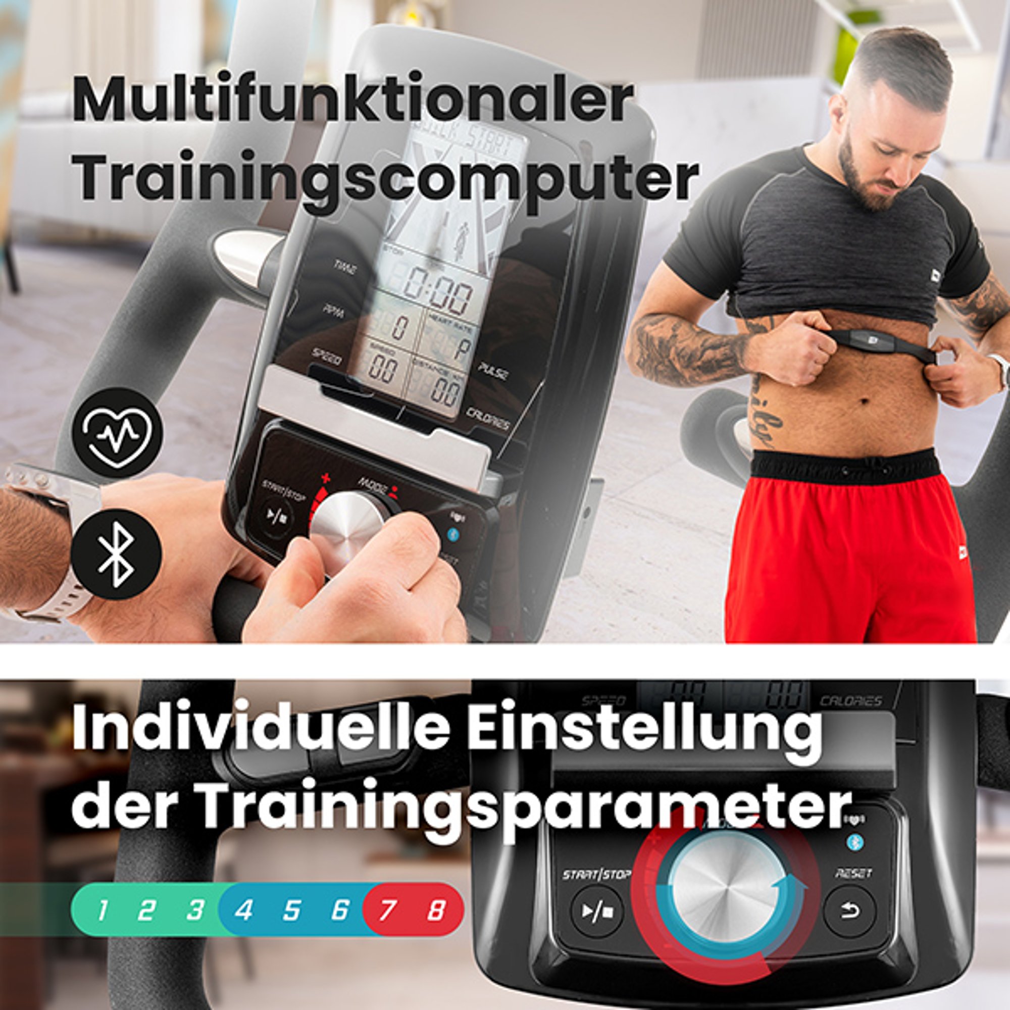 Technologisch fortgeschrittener Trainingscomputer und der Drehknopf zur Einstellung der Leistungsstufe