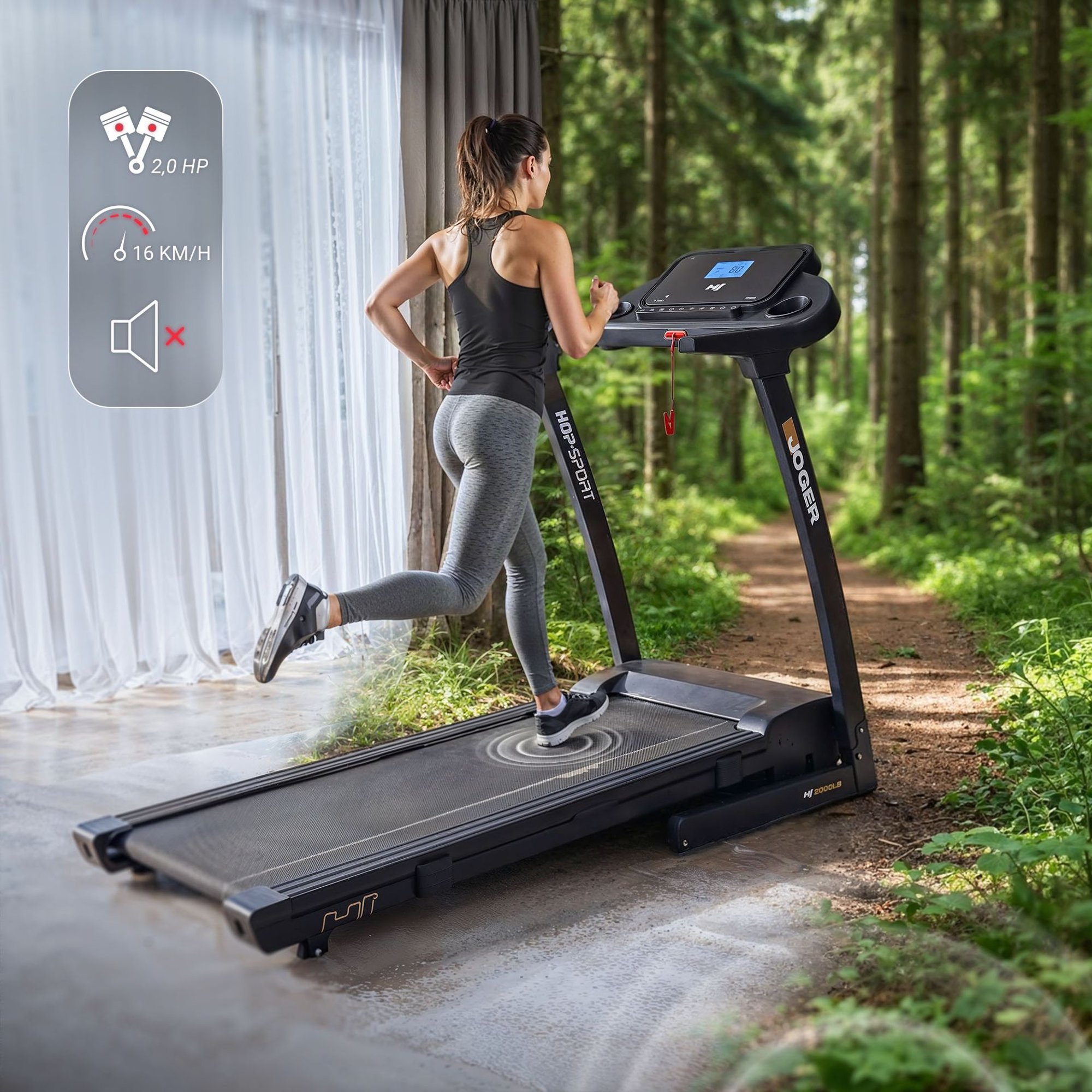 HS-2000LB Joger Heimlaufband mit 1,49 kW Motor, leise, stabil und bis 16 km/h für Nutzer bis 100 kg geeignet.