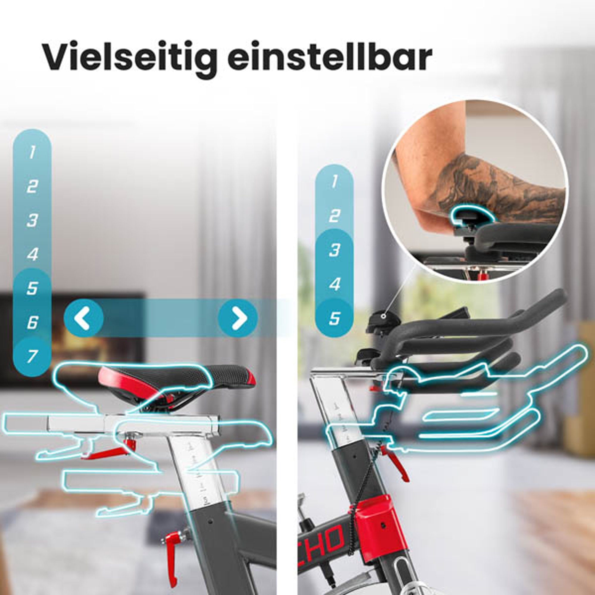 Vertikale und horizontale Lenk- und Sitzeinstellung bei Indoor Bike HS-055ic Echo