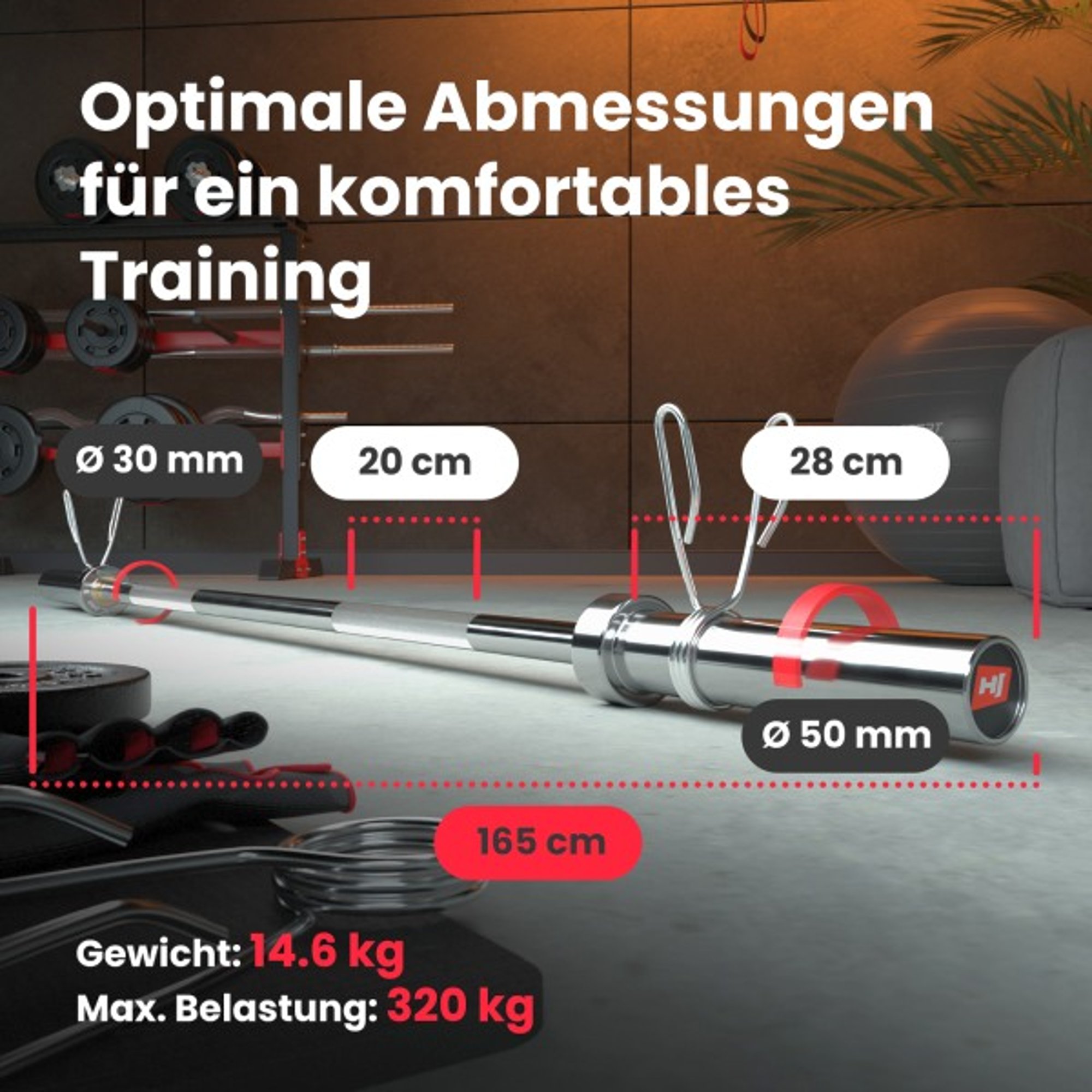 Langhantelstange mit Abmessungen, Geiwicht 14,6 kg und Max. Belastung 329 kg