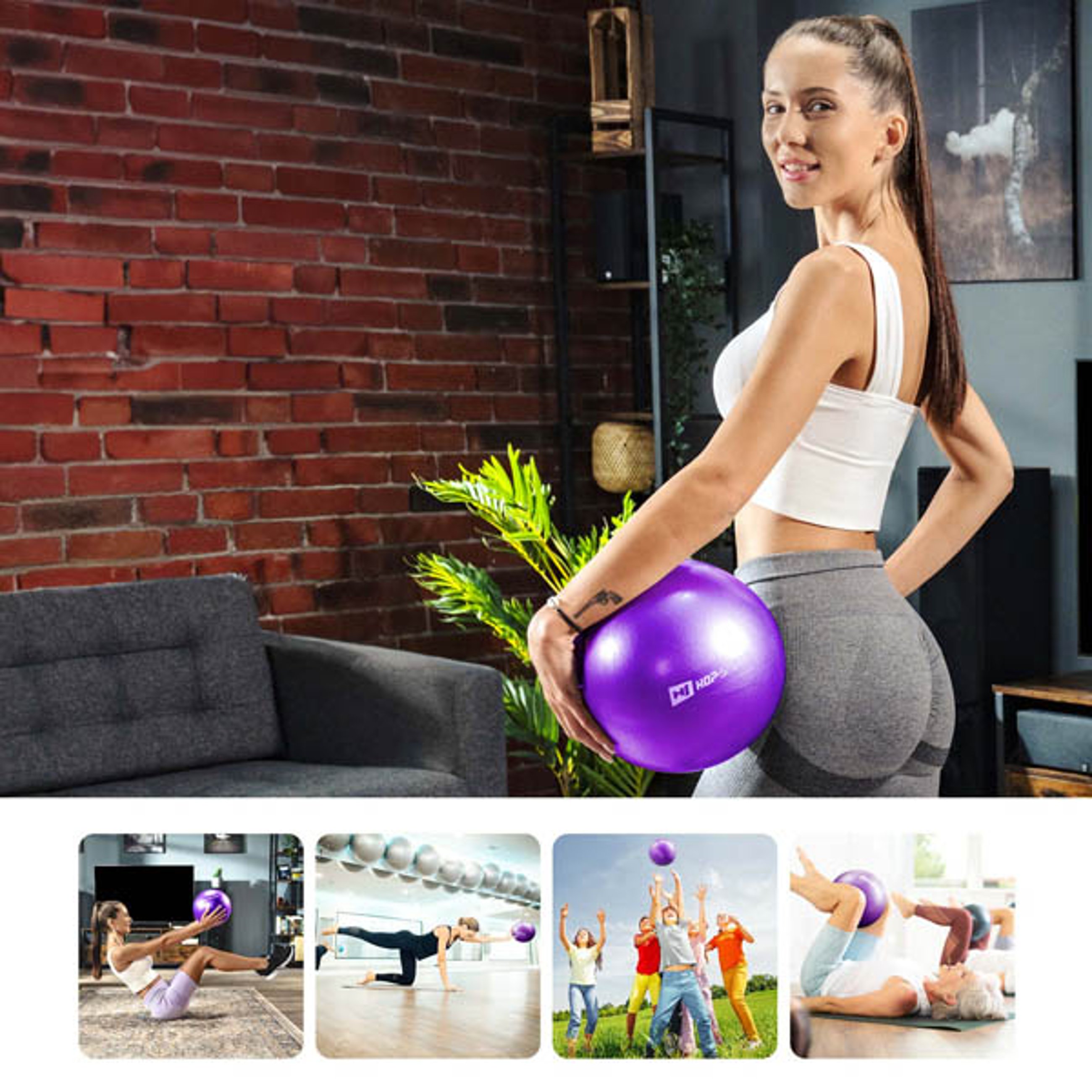Verschiedene Sportaktivitäten mit Pilatesball lila