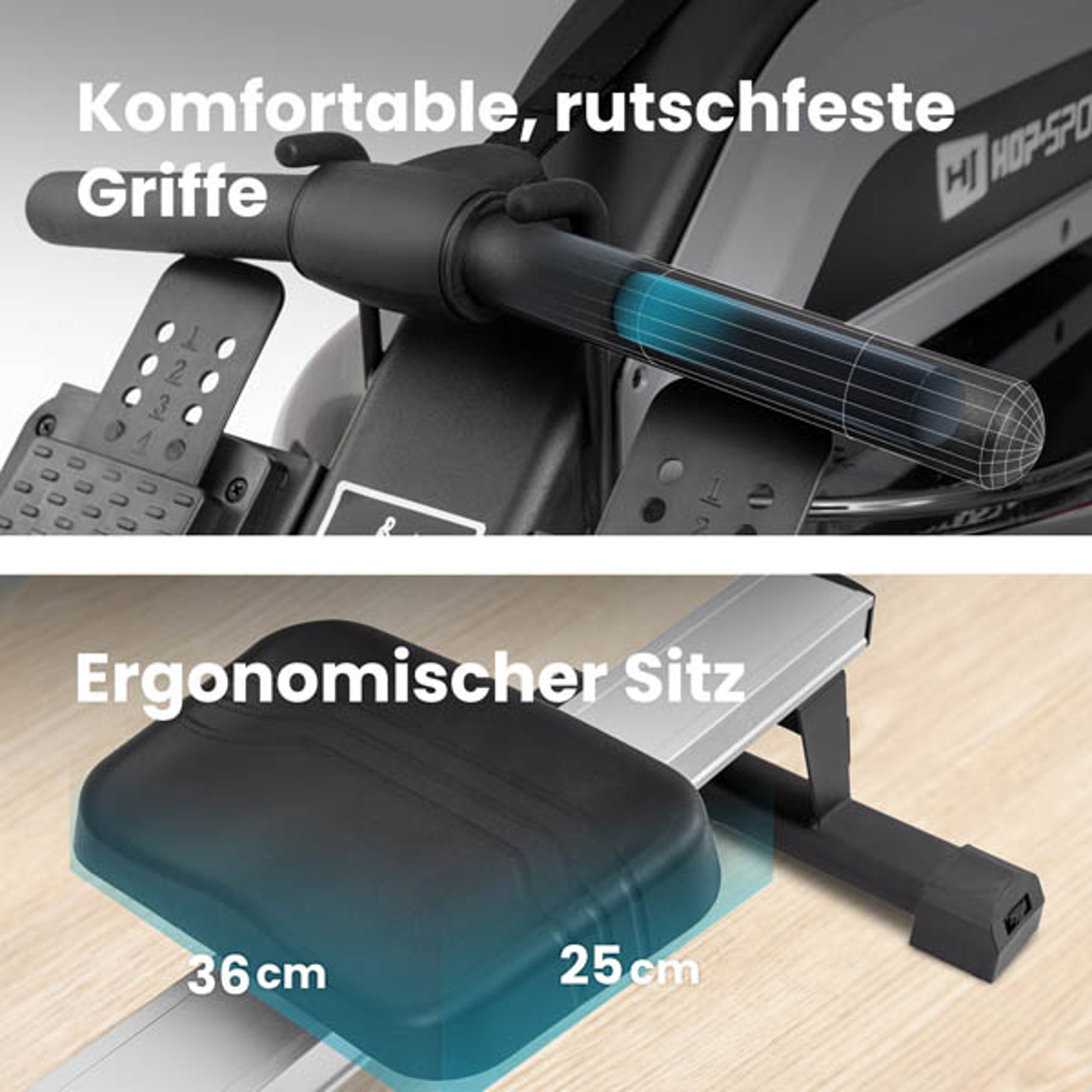 Der weiche, ergonomisch geformte Sattel des Rudergerätes HS-150WR Titan