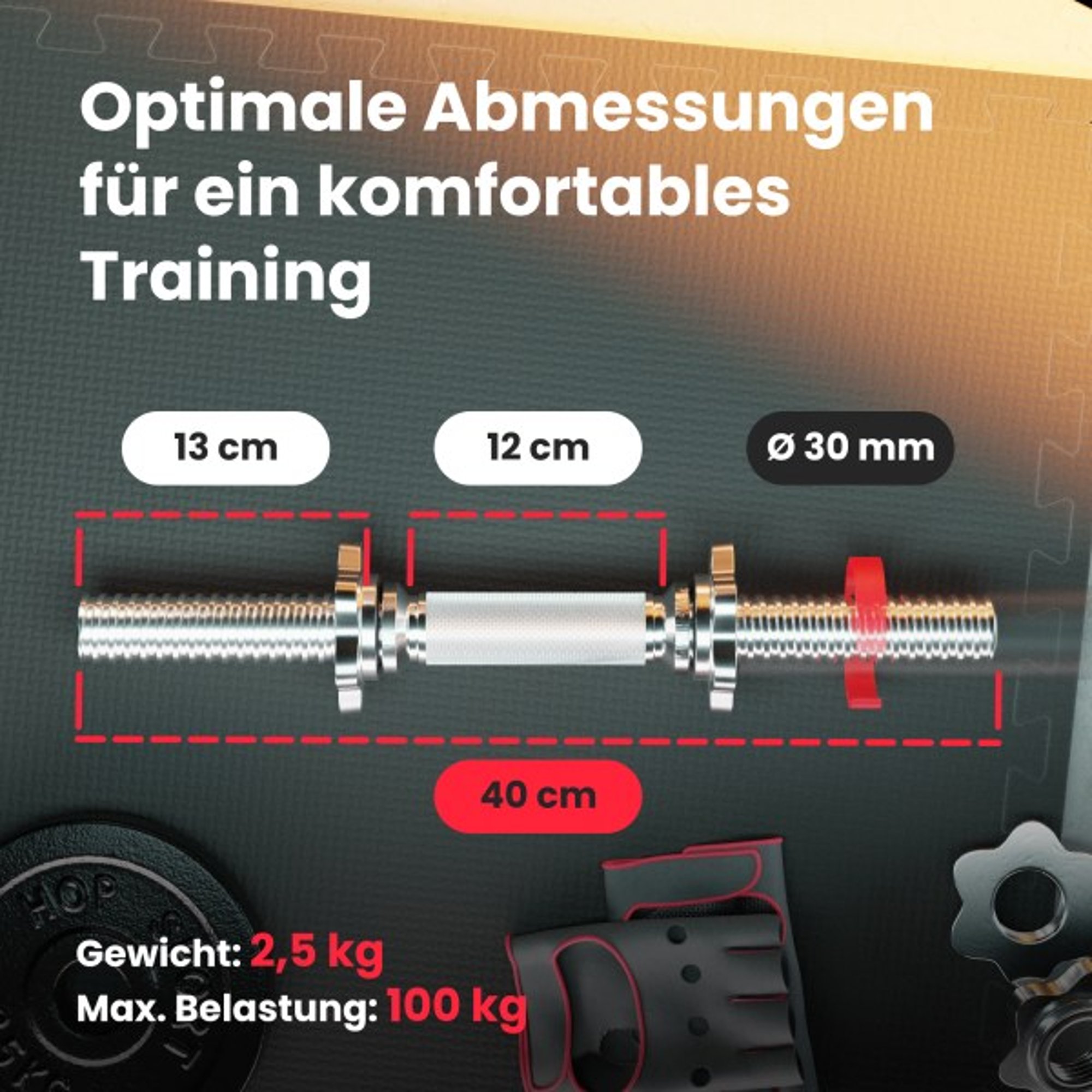 Abmessungen der Kurzhantelstange 40 cm mit Gewicht- und Belastungsangaben