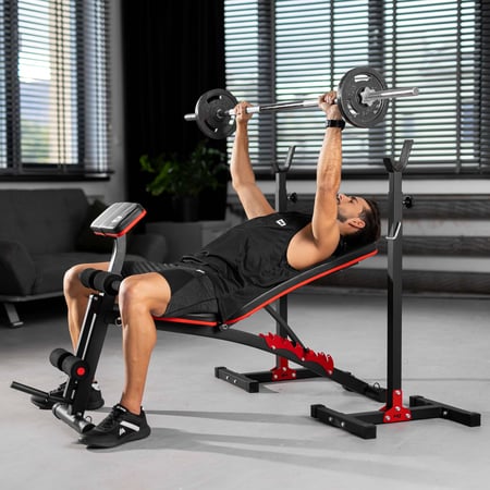 Hop-Sport Adjustable Fitness Bench HS-1055 with Curl, Butterfly and Leg Curler - Multifunctional Training Bench with 38 kg Dumbbell Set incl. Long and Short Bars for Home Use