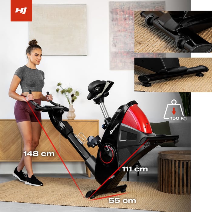 Heimtrainer mit Transportrollen und höhenverstellbaren Standfüßen