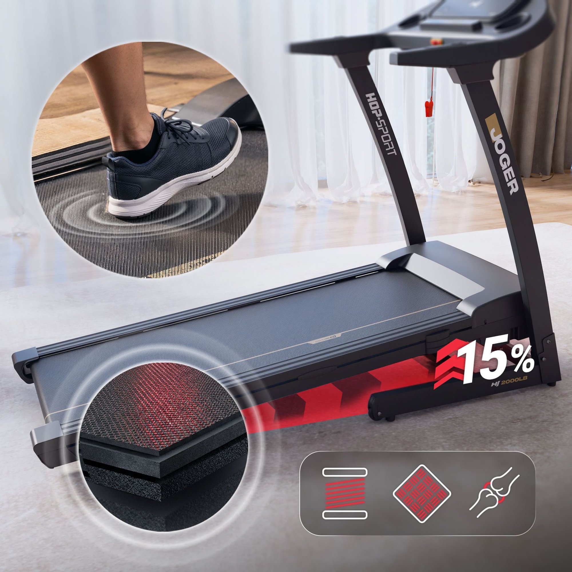 Laufband von Hop Sport mit großzügiger Lauffläche, rutschfester Oberfläche, Dämpfungssystem.