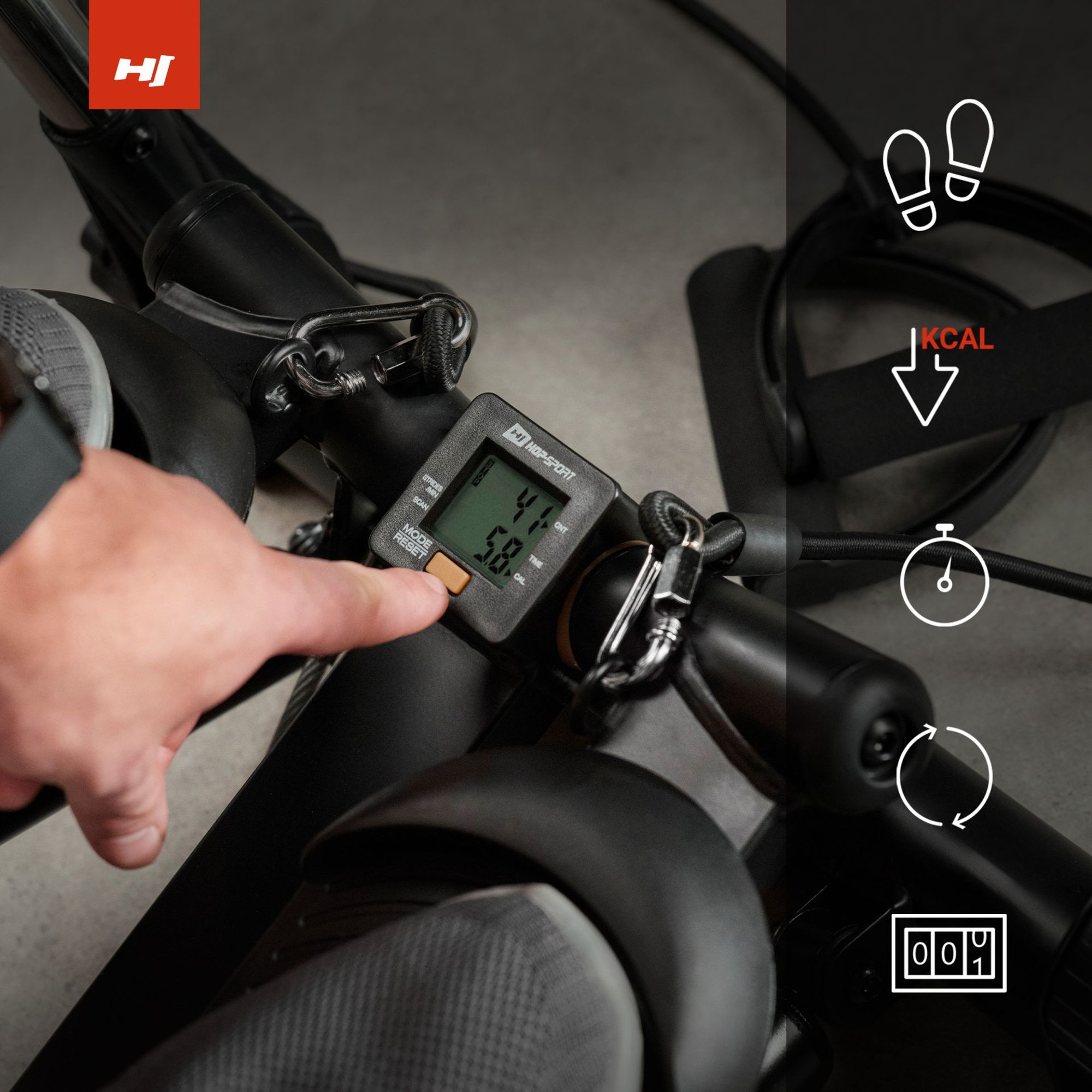 LCD-Display zeigt Schritte, Zeit, Kalorien und Wiederholungen pro Minute live an