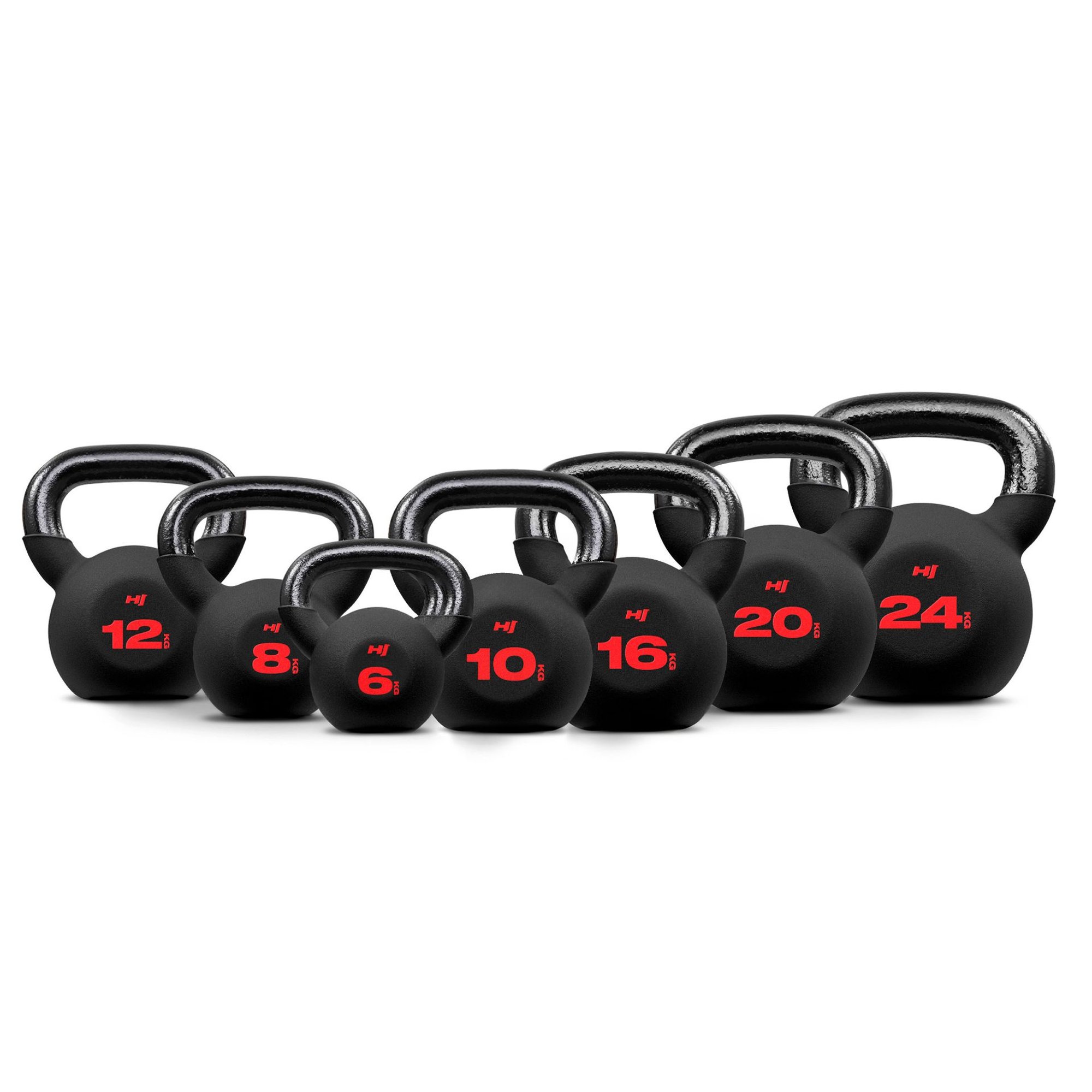Set aus Hop-Sport Kettlebells in sieben verschiedenen Gewichten von 4 bis 24 kg