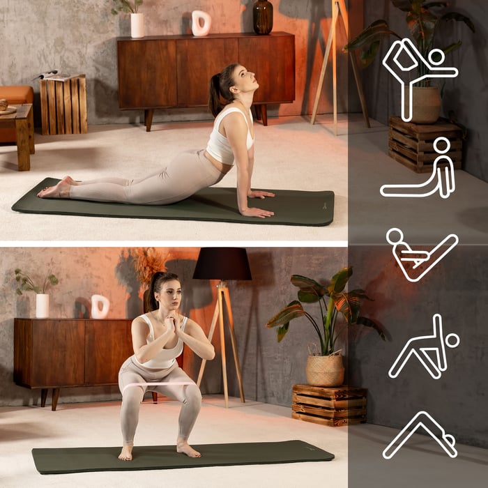 Tapis de sol léger avec sangle de transport pour fitness en salle ou extérieur.