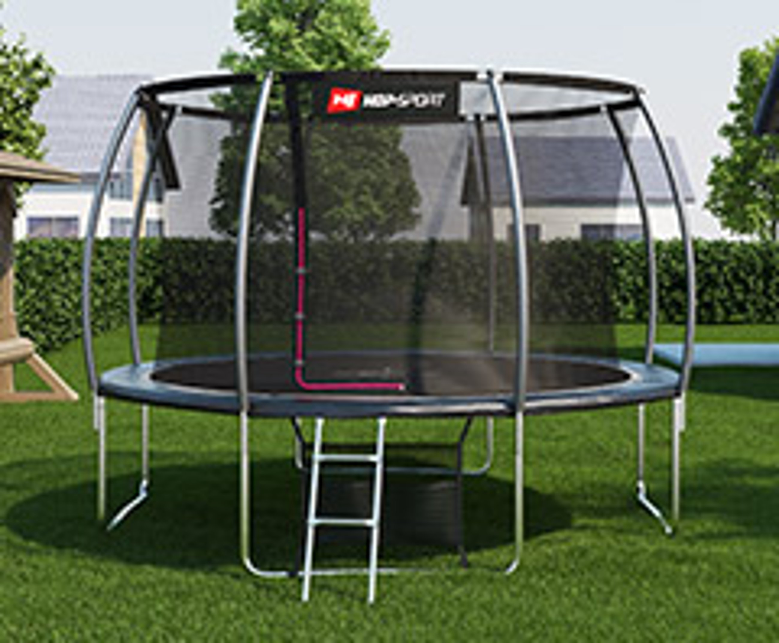 Ein Hop-Sport Trampolin, harmonisch in einen sonnigen Garten integriert