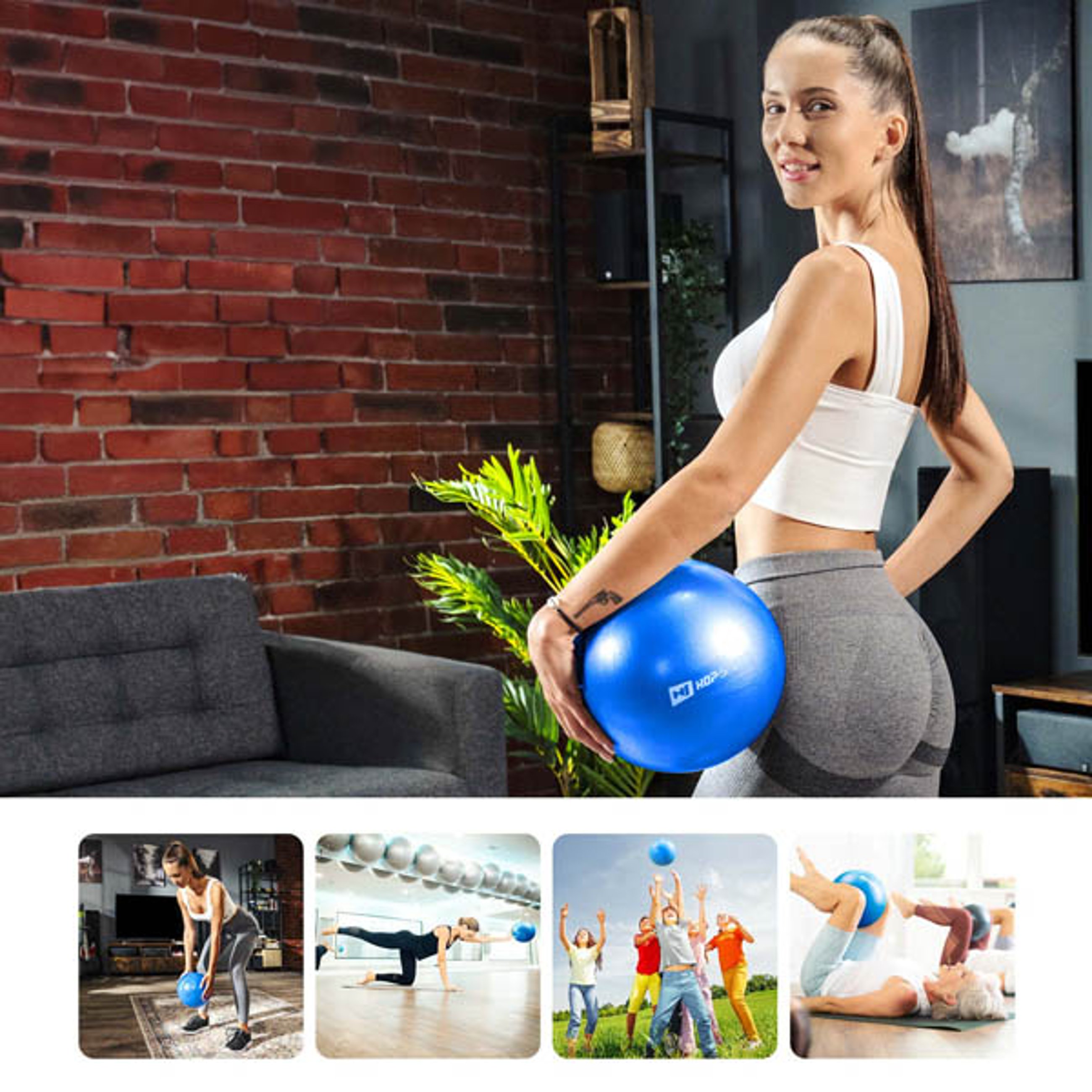 Verschiedene Sportaktivitäten mit Pilatesball blau