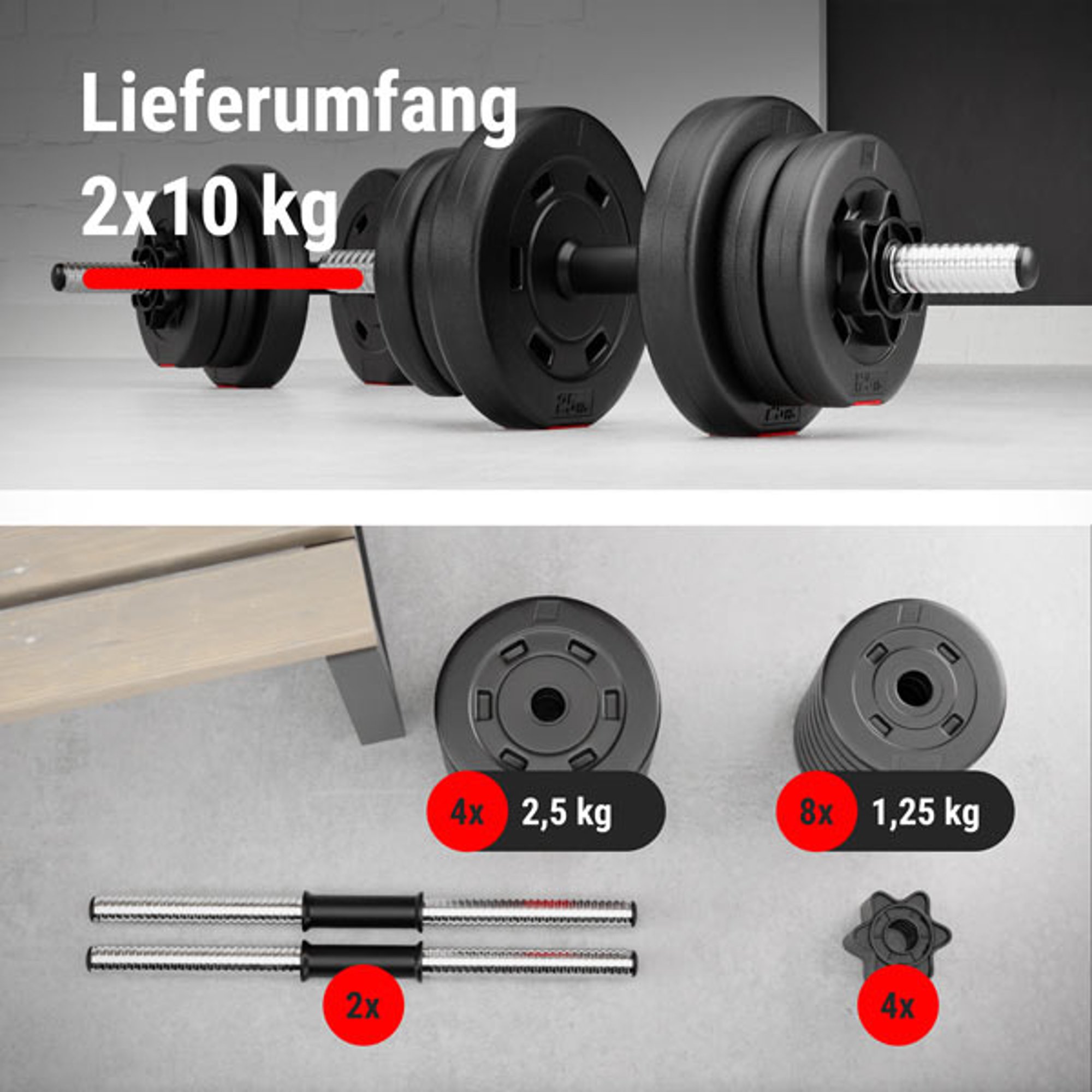 Lieferumfang des Sets 2x10 kg