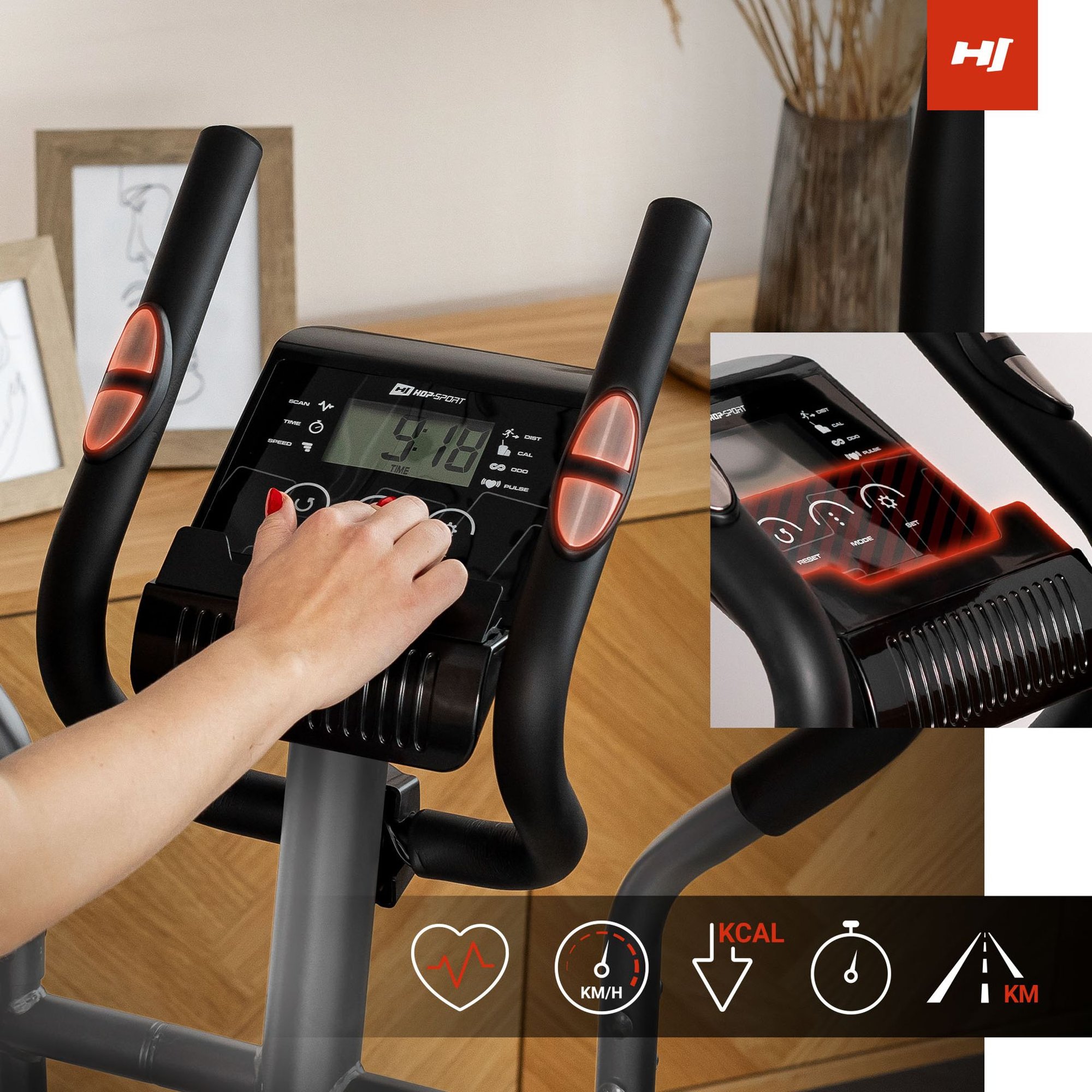 Crosstrainer von Hop-Sport mit LCD-Trainingscomputer, zeigt Zeit, Geschwindigkeit, Distanz, Kalorienverbrauch, Puls, ODO und SCAN-Funktion an.