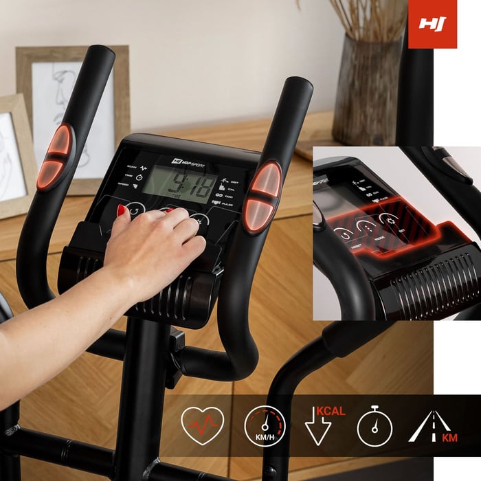 Crosstrainer von Hop-Sport mit LCD-Trainingscomputer, zeigt Zeit, Geschwindigkeit, Distanz, Kalorienverbrauch, Puls, ODO und SCAN-Funktion an.
