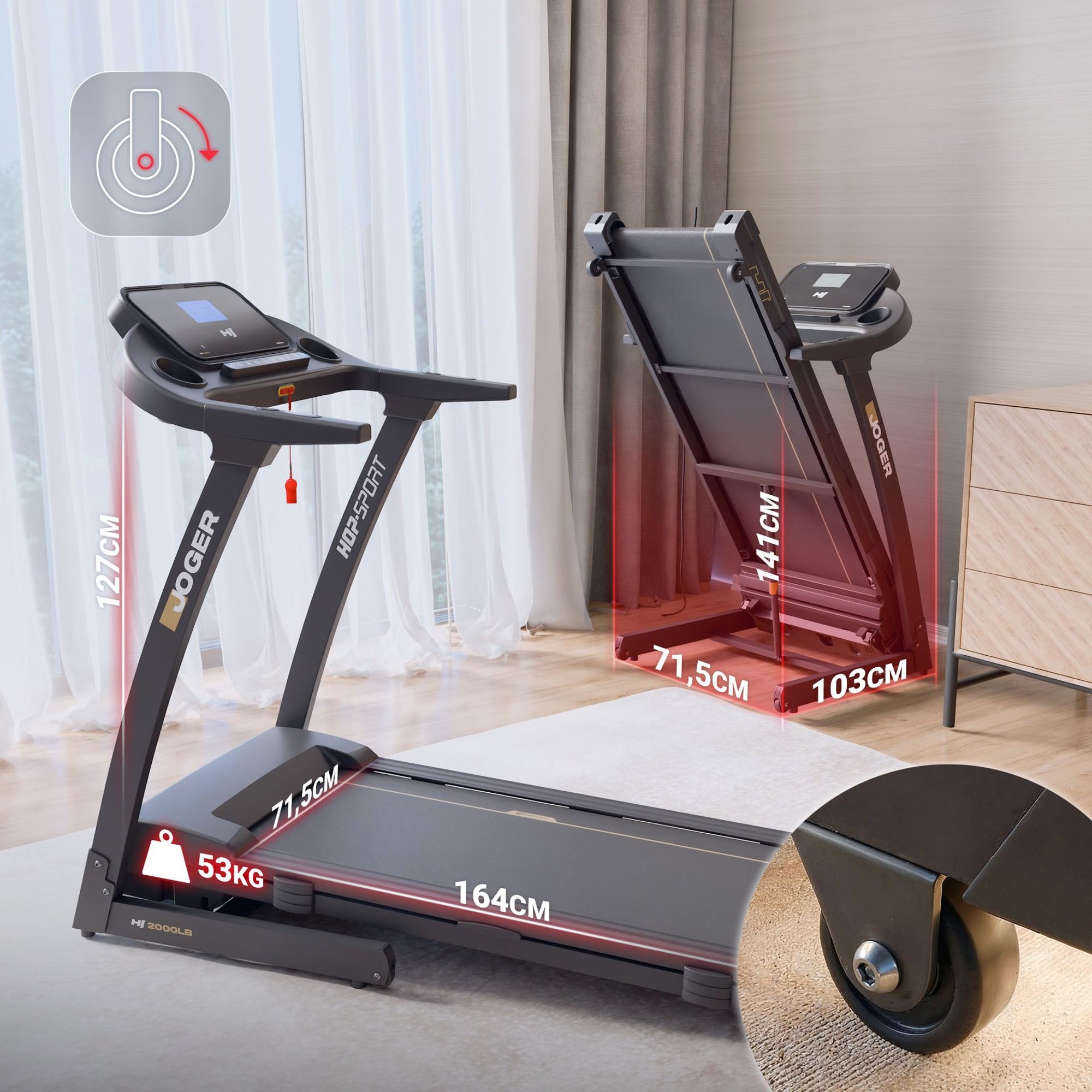 Klappbares HS-2000LB Joger Laufband mit Transportrollen für platzsparende Aufbewahrung in Wohnungen.