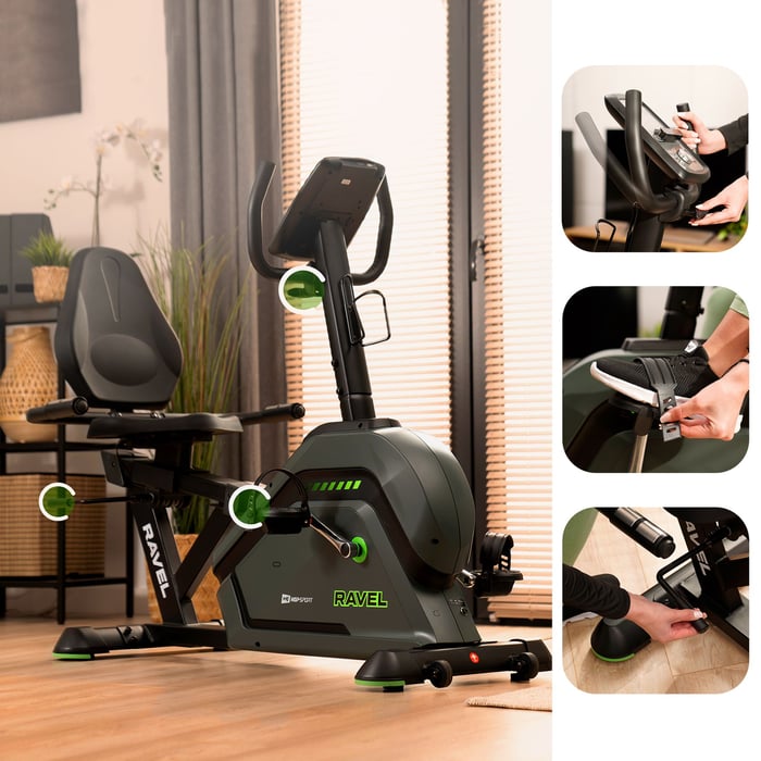 Liegeergometer HS-120L Ravel mit ergonomischem Sitz, rutschfesten Pedalen und seitlichen Griffen.