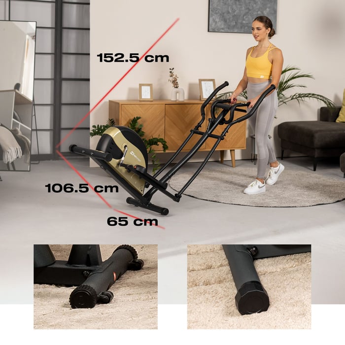 Crosstrainer Focus von Hop-Sport mit zwei integrierten Transportrollen für einfaches Bewegen und Verstauen des Geräts