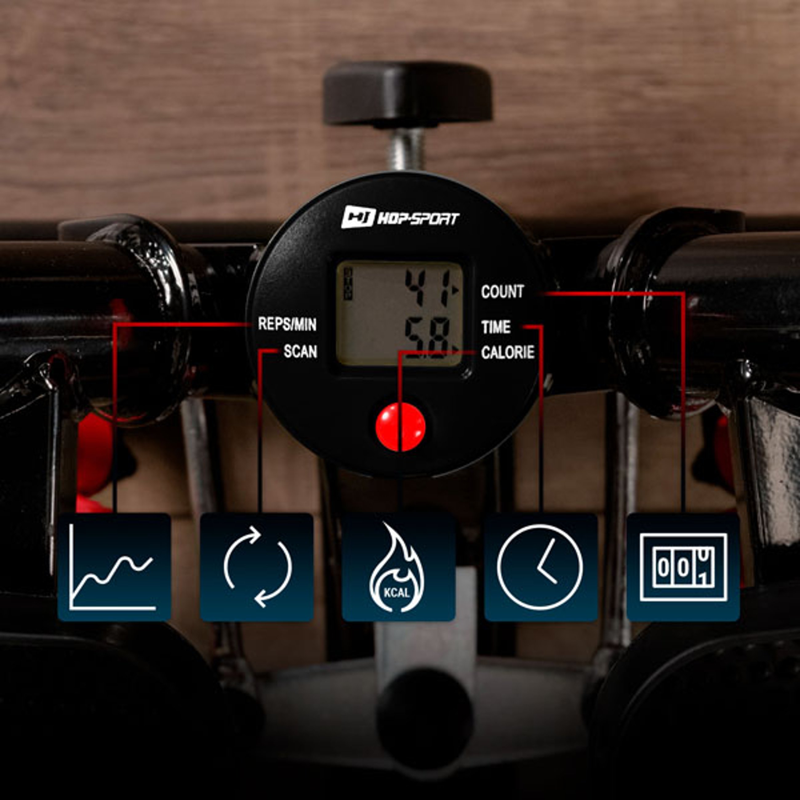 Trainingscomputer mit den wichtigsten Trainingsparametern wie Zeit, Anzahl der Schritte, verbrannte Kalorien beim Stepper 035S von Hop-Sport  