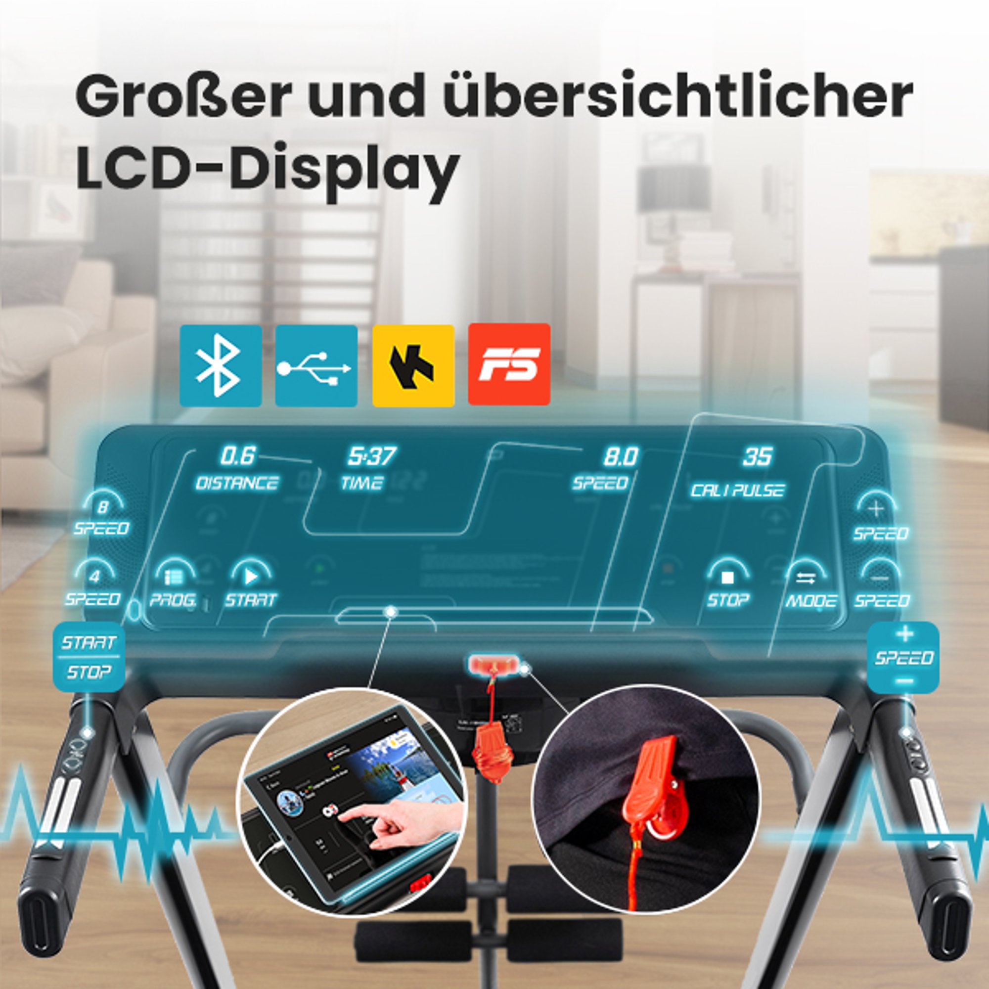 Großer und übersichtlicher Trainingscomputer beim Laufband HS-900LB Clip,  Anzeige der wichtigsten Trainingsparameter, Kompatibilität mit Applikationen wie Kinomap und FitShow