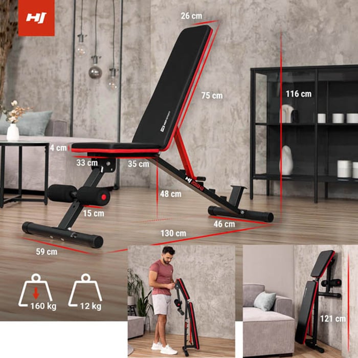 Banc de musculation pliable réglable 6 positions pour entraînement à domicile.