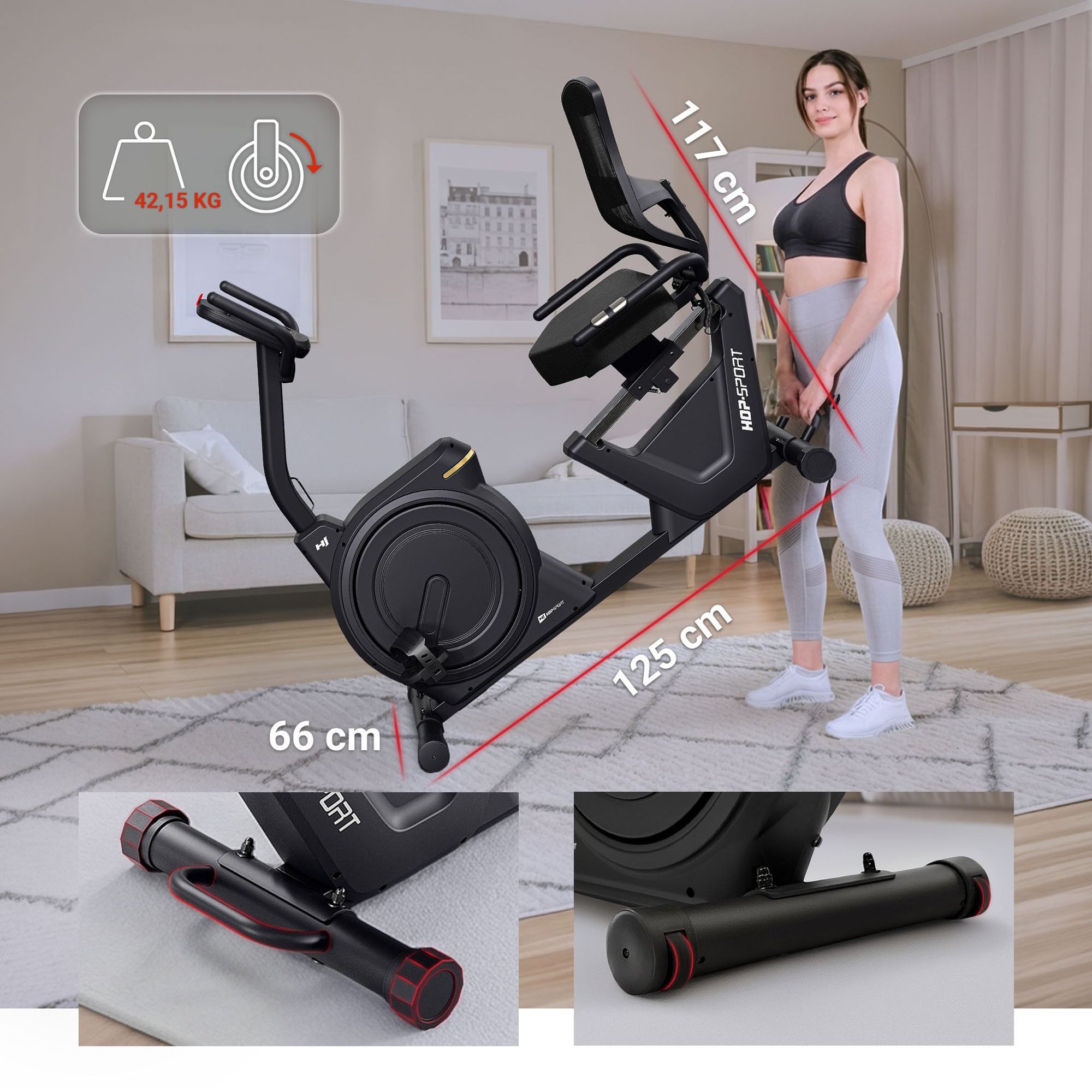 Robustes Ergometer Ranker mit stabiler Konstruktion, Transportrollen und nivellierbaren Füßen für sicheres und bequemes Heimtraining.