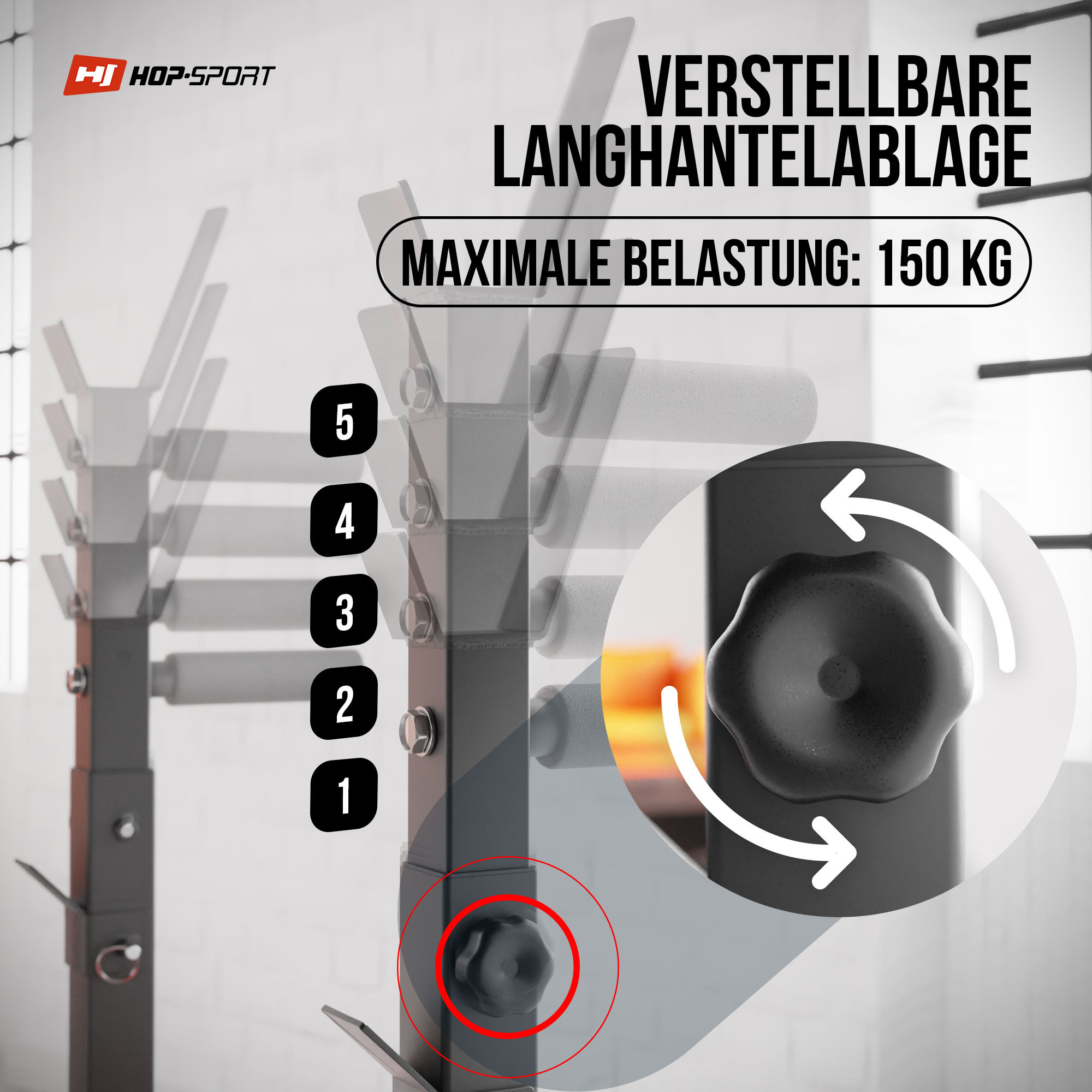 Höhenverstellbare Langhantelablage bei der Hantelbank HS-1080