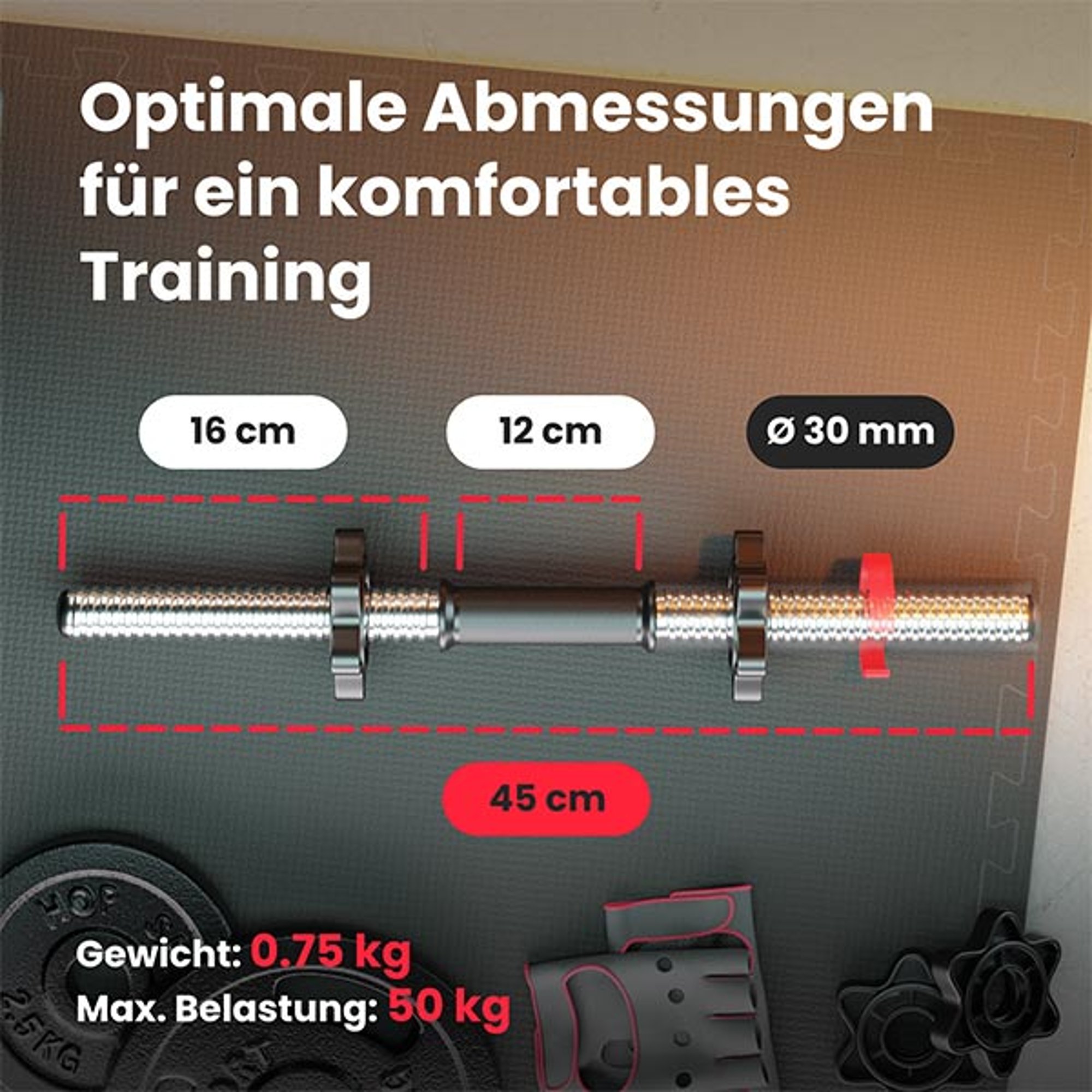 Abmessungen der Kurzhantelstange 45 cm mit Gewicht- und Belastungsangaben