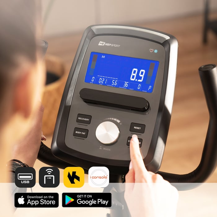 LCD-Display des Liegeheimtrainers HS-120L von Hop-Sport mit Bluetooth-, USB- und App-Kompatibilität (iConsole+Training, Kinomap).