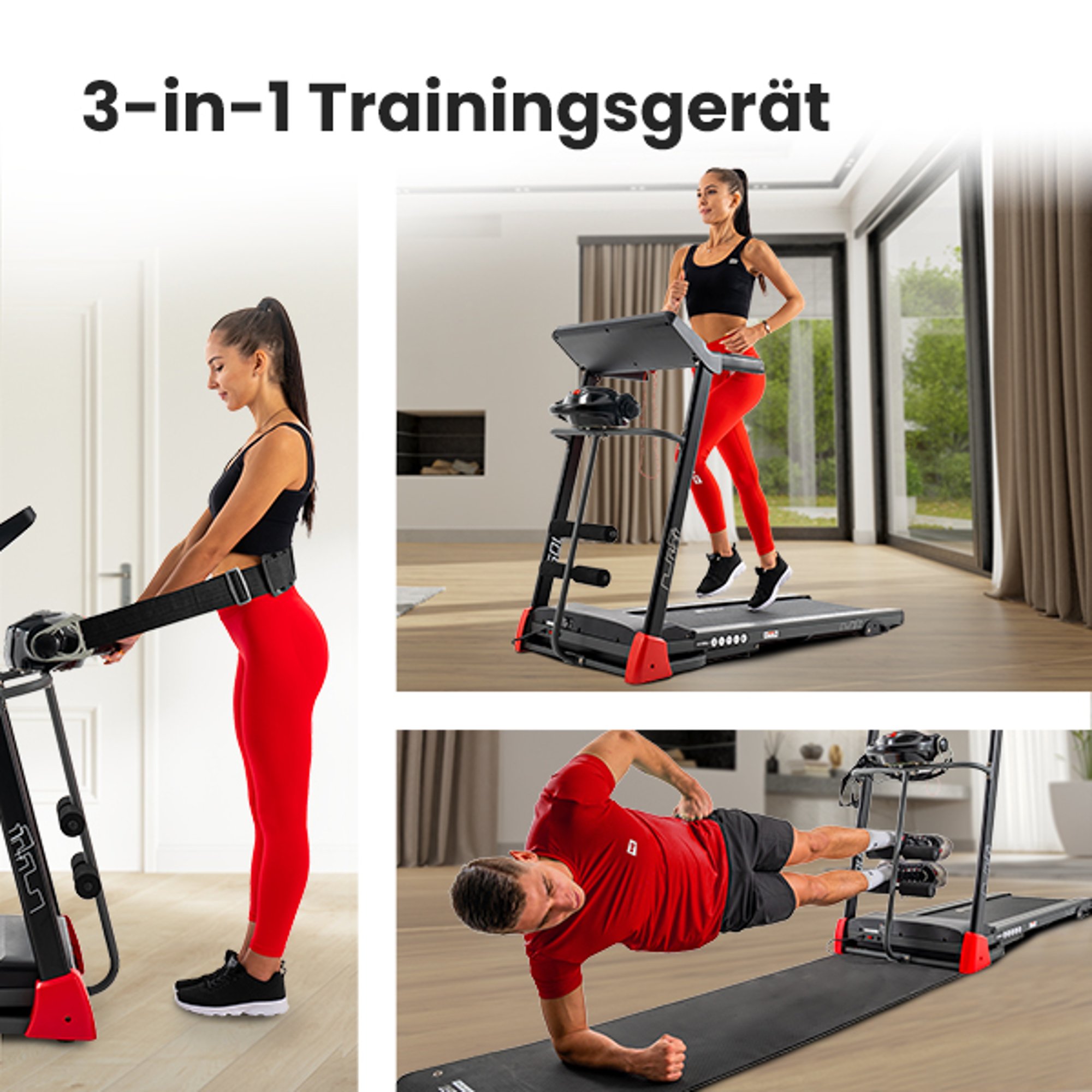 3-in-1 Traningsgerät: Laufband, Massagegerät, Beinfixierung