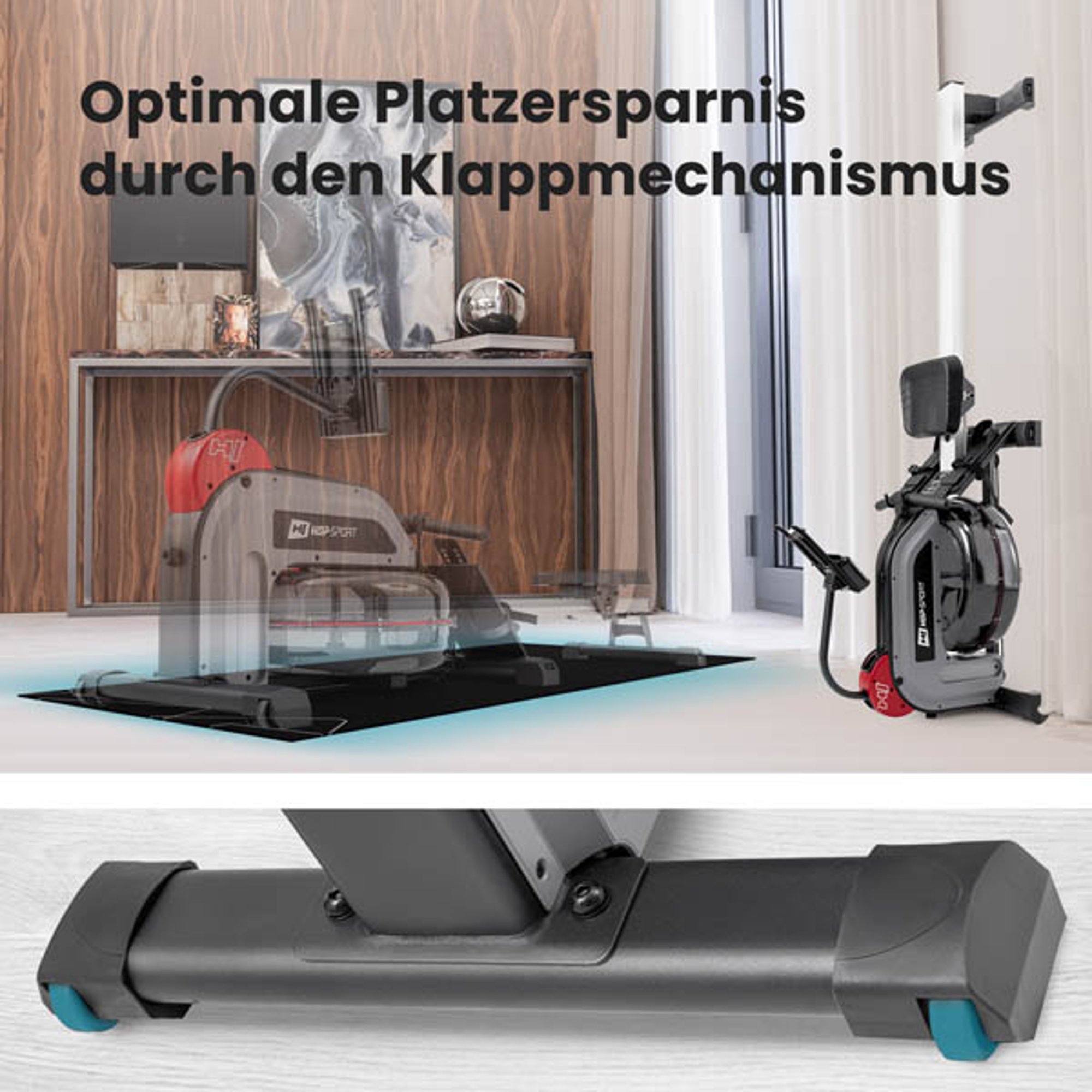 Klappsystem und Transportrollen beim Rudergerät 150WR Titan