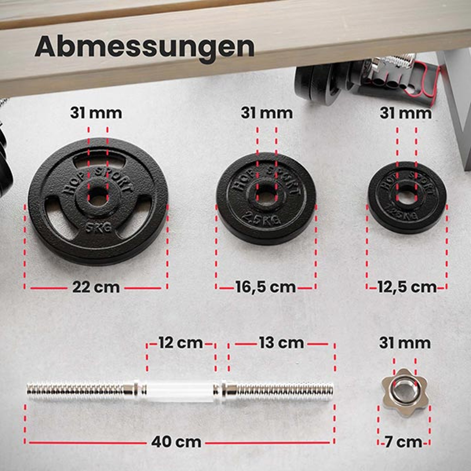 Ambessungen von 3 Gewichten, Hantelstange und Verschlüßen