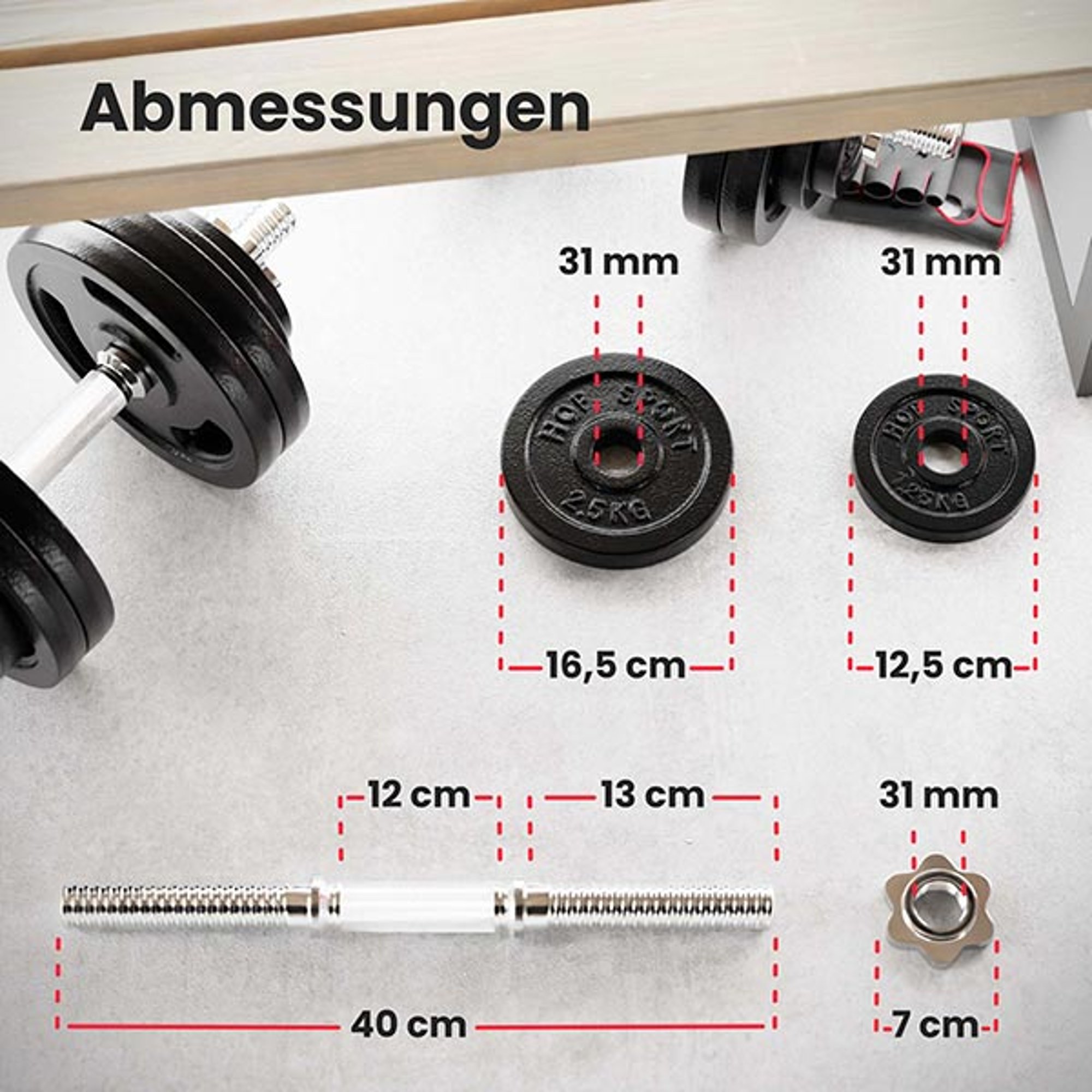 Ambessungen von 2 Gewichten, Hantelstange und Verschlüßen