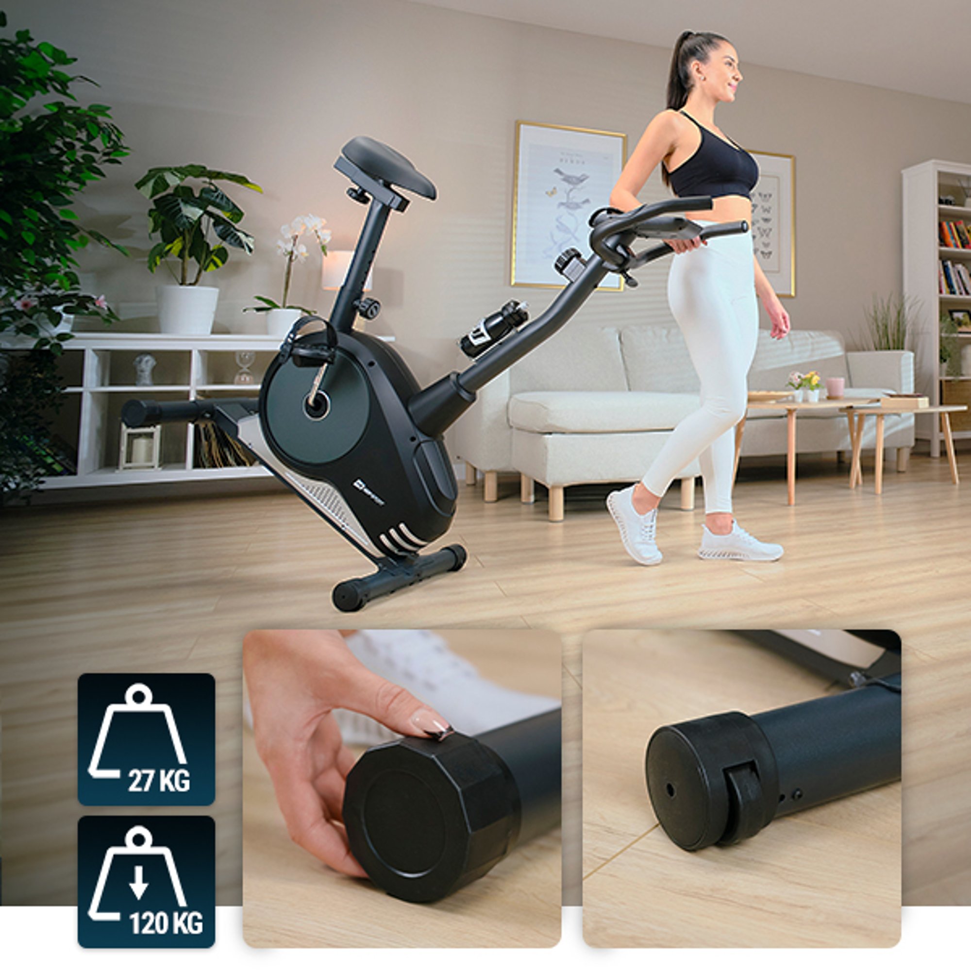 Beweglicher Heimtrainer, ideal für platzsparende Aufbewahrung im Wohnzimmer