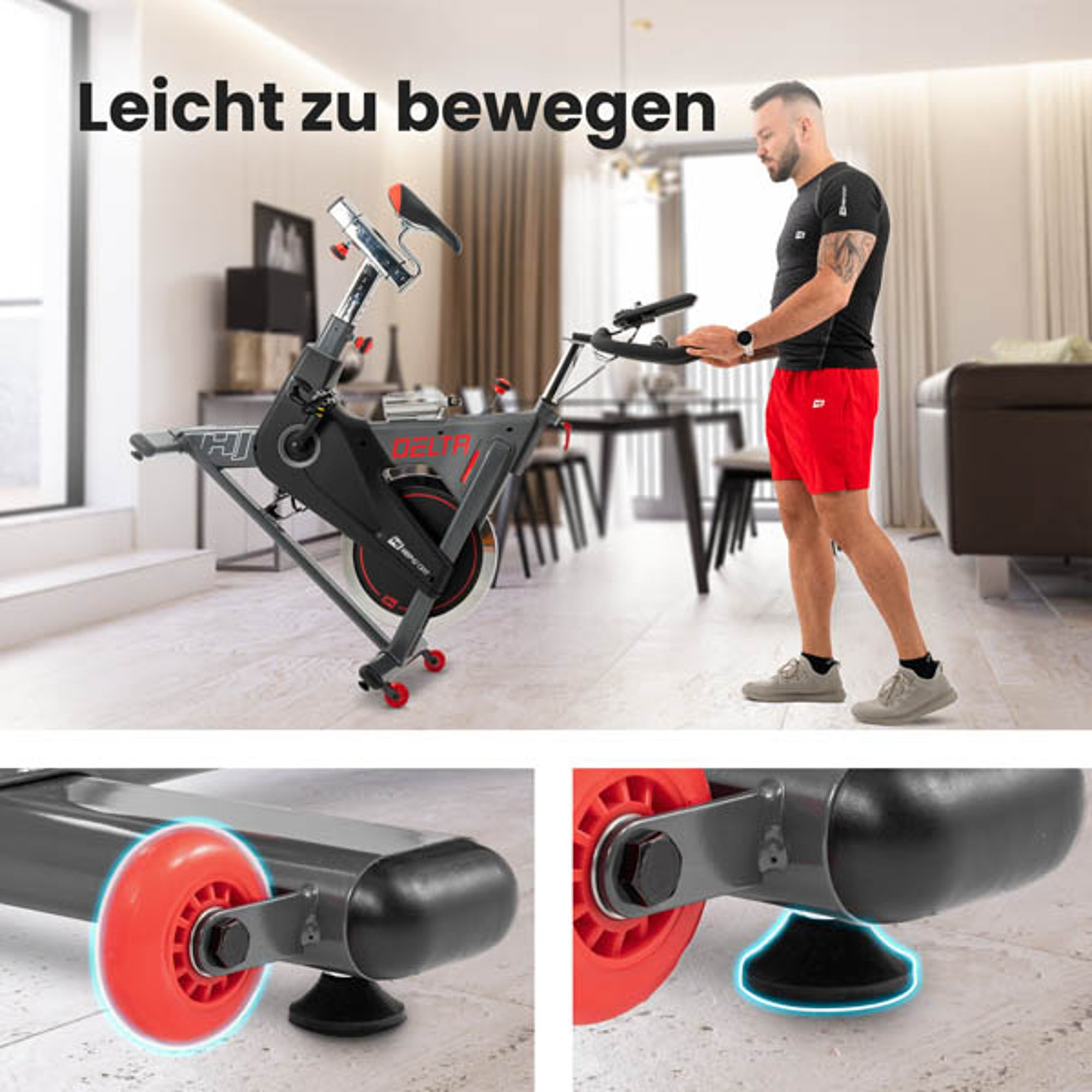 Die Transportrollen und die Nivellierfüße bei Indoor Bike HS-065ic Delta