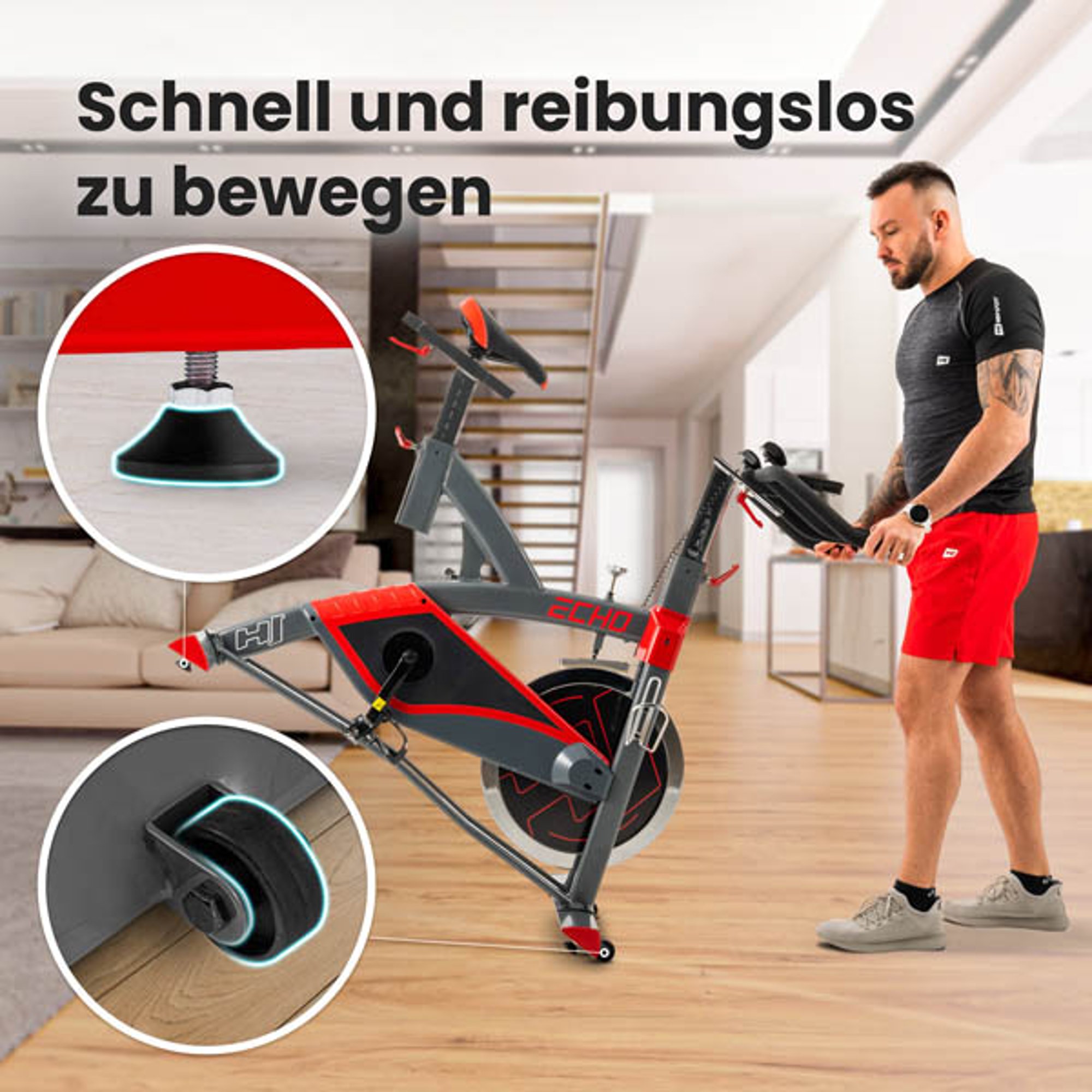 Die Transportrollen und die Nivellierfüße bei Indoor Bike HS-505ic Echo