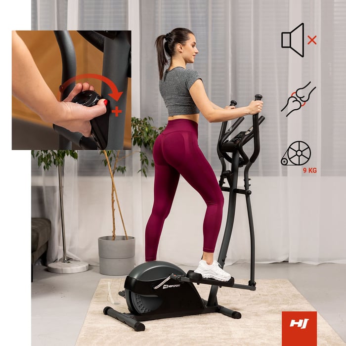 Crosstrainer Focus von Hop-Sport mit manueller Widerstandsregulierung, ermöglicht Training in verschiedenen Schwierigkeitsstufen.
