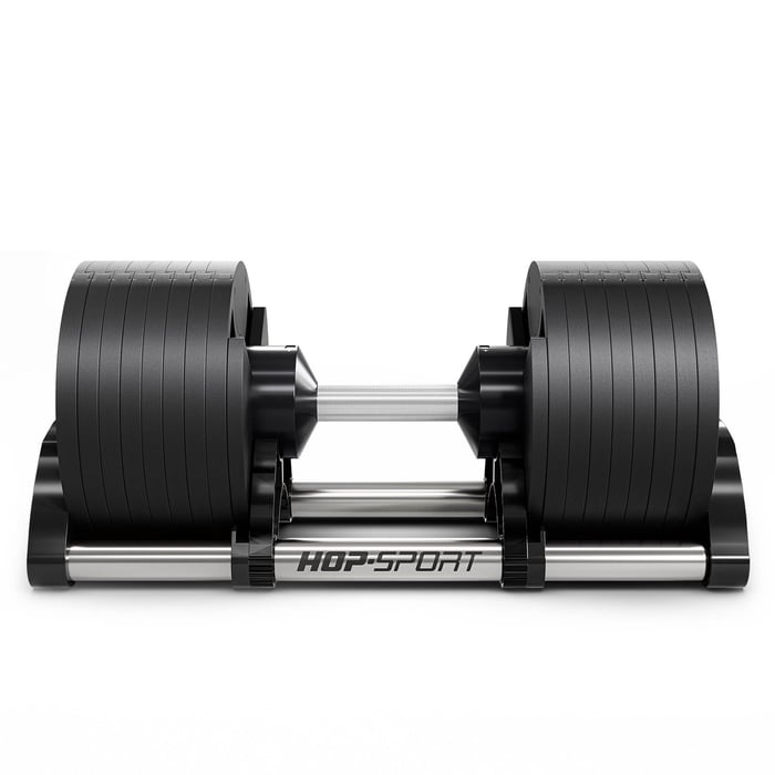 Verstellbare Kurzhanteln Hop-Sport – Frontansicht im Ständer