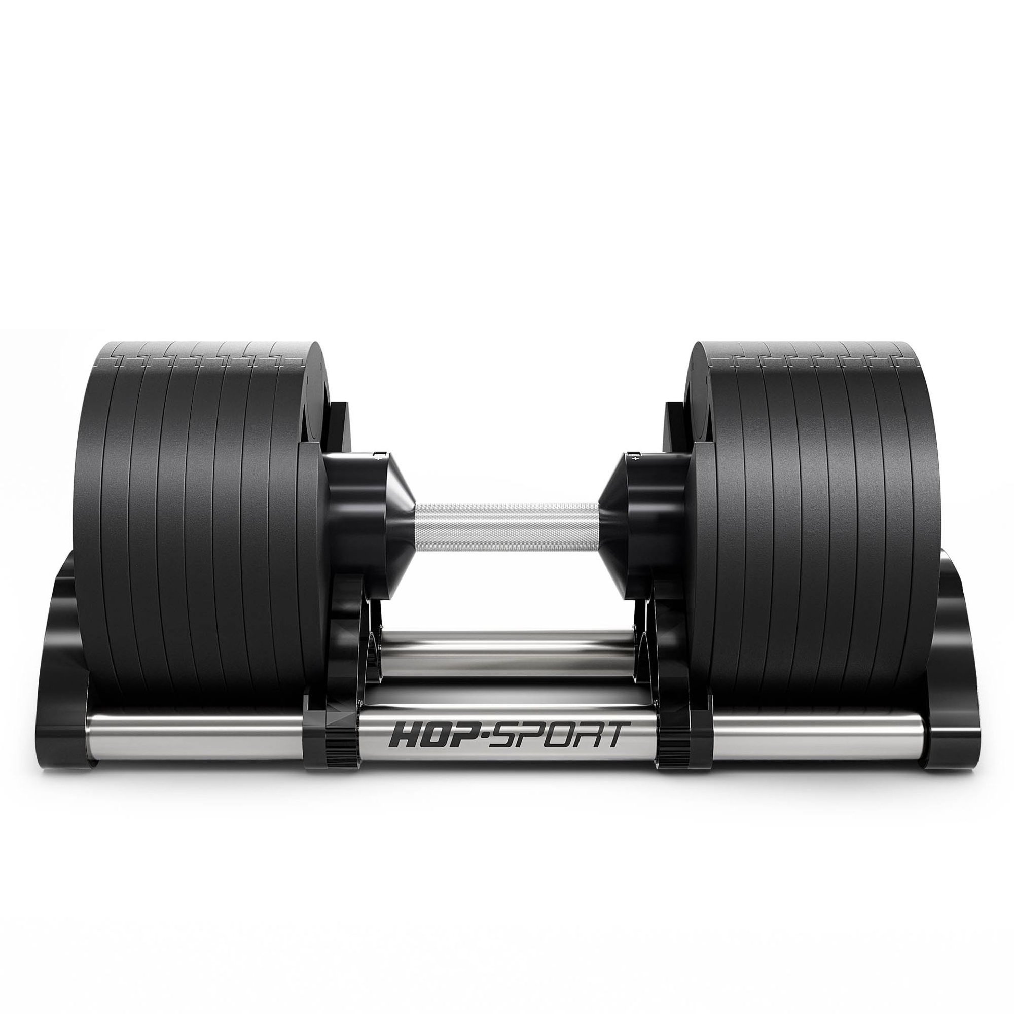 Verstellbare Kurzhanteln Hop-Sport – Frontansicht im Ständer