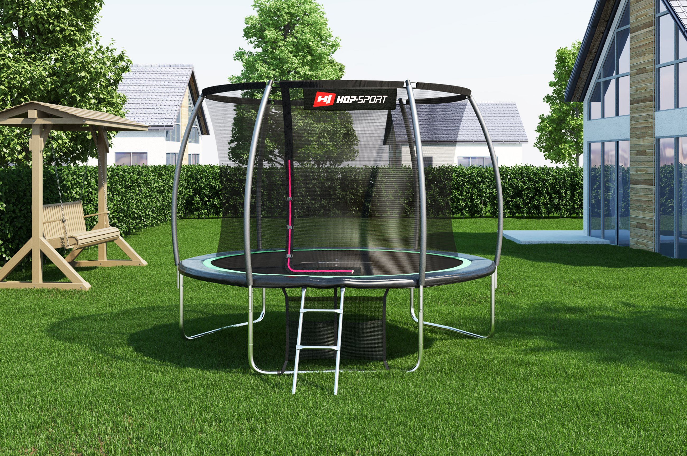 Trampolin der Marke Hop-Sport, aufgebaut im Garten für Fitness und Spaß