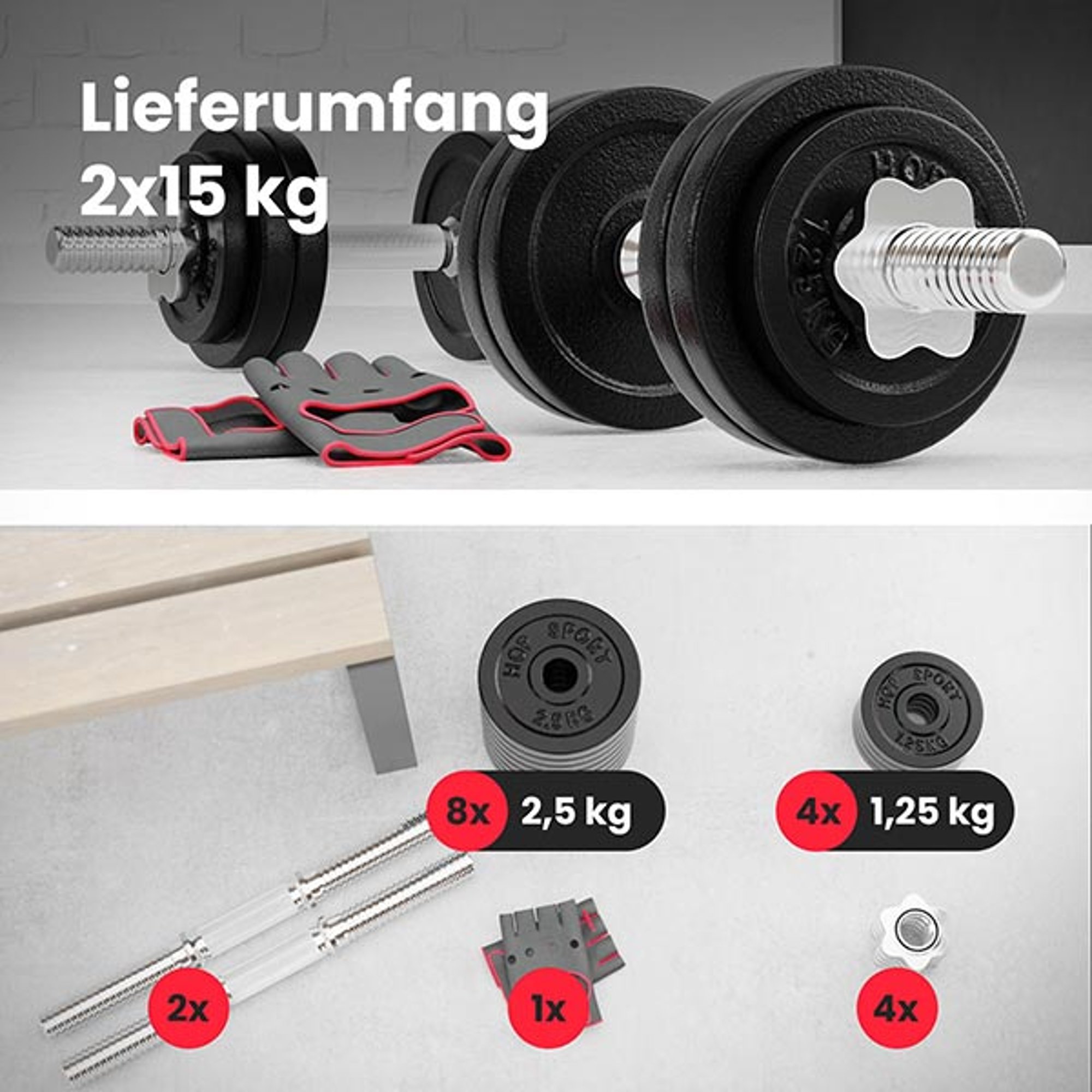 Lieferumfand des Sets 2 x 15 kg